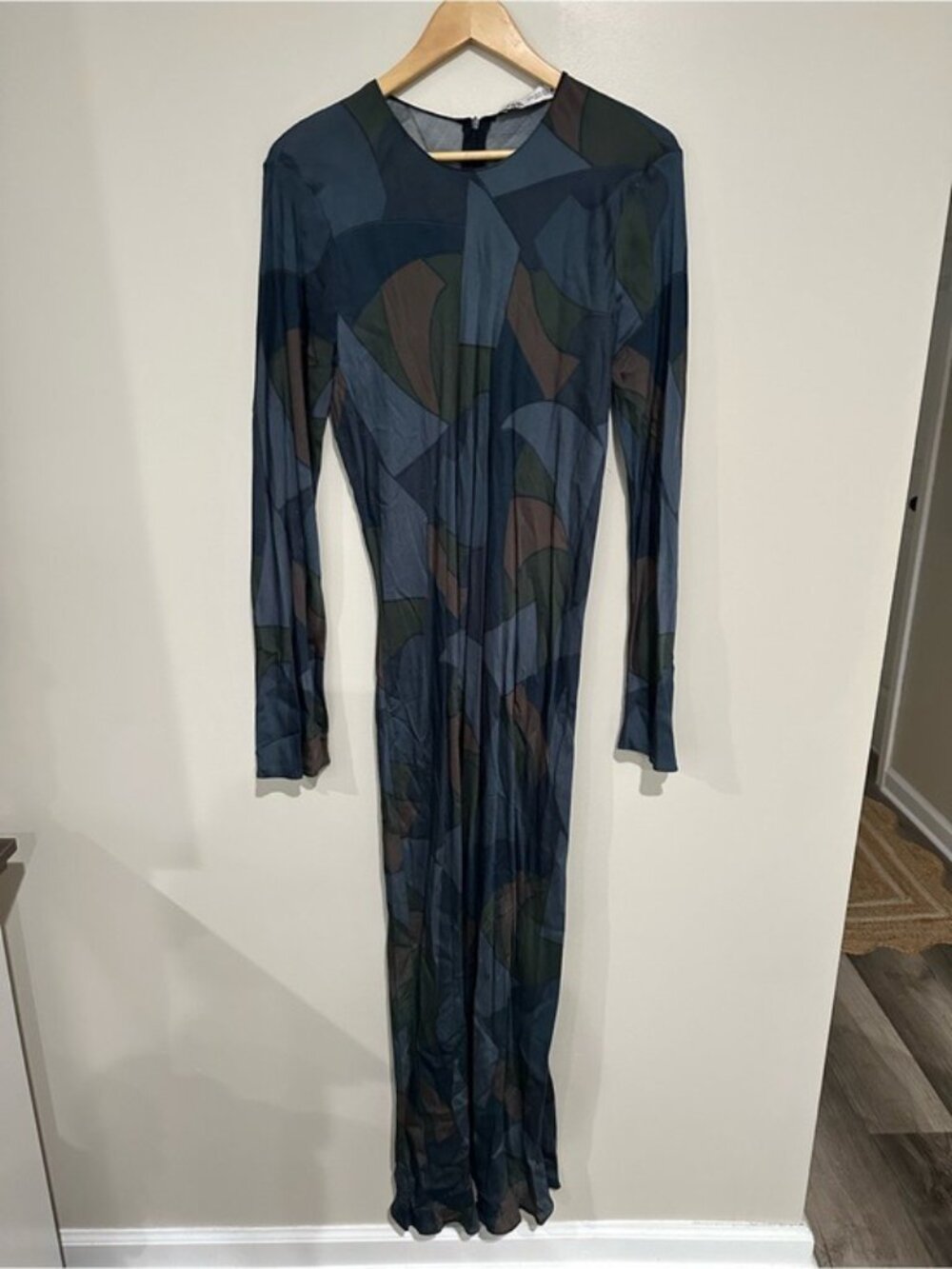Zara Blue Green Abstract Print Maxi Dress XL Long Sleeve Viscose Art Deco - Picture 2 of 10